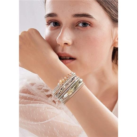 Leather Cuff Bracelet Set with Crystal Feather Tree, Women's Magnetic Clasp Wrap - Picture 3 of 6